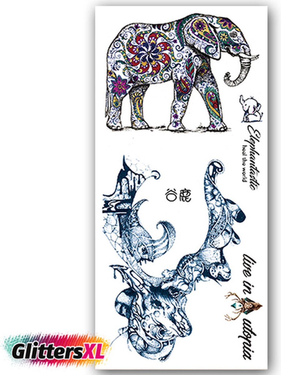 GlittersXL - Temporary Tattoo Olifant/Hert (19x9 cm) [Neptattoo - Tijdelijke tatoeage - Nep Fake Tattoos - Water overdraagbare festival sticker henna outfit tattoo - Glitter tattoo - Volwassenen Kinderen Jongen Meisje]